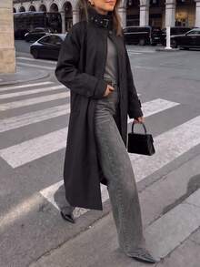 minisummer Women Fall Long Trench Coat Stand Collar Belted Waist Button‑Up Loose Pocket Midi Outerwear - Black - View 8