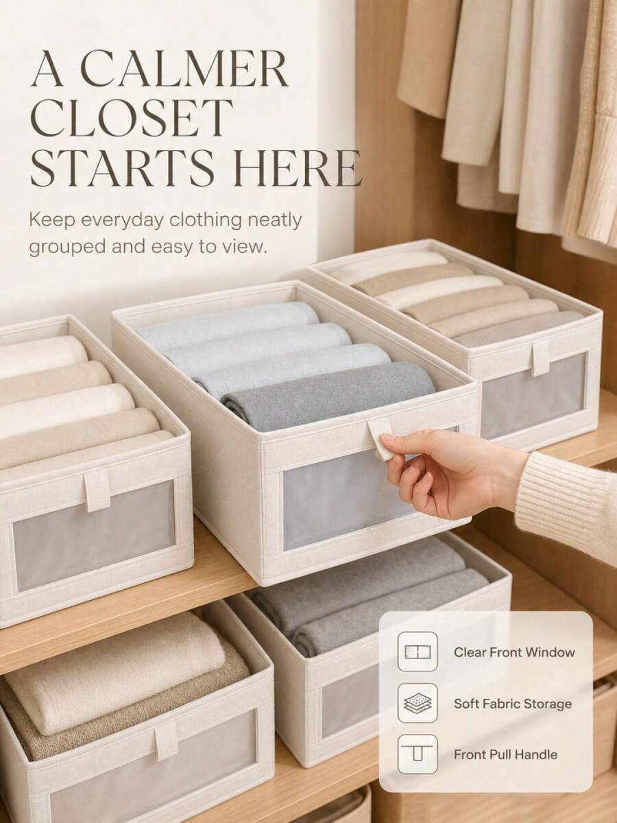 1 Foldable Clothes And Blanket Organizer With Clear Window And Handle, Reinforced Foldable Linen Storage Basket, Cloth Can Be Used As Window Wardrobe Organizer, Large Clothing Storage Box - Grey - View 1