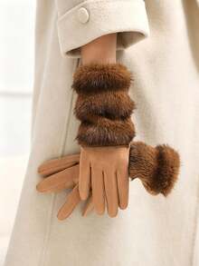1 Pair Gloves, Elegant Classic Style Full Finger Shape, Tiered Fluffy Trim Touchscreen Compatible Hand Warm Cover, For Outdoor Commuting Evening Events Autumn Winter - Multicolor - View 9