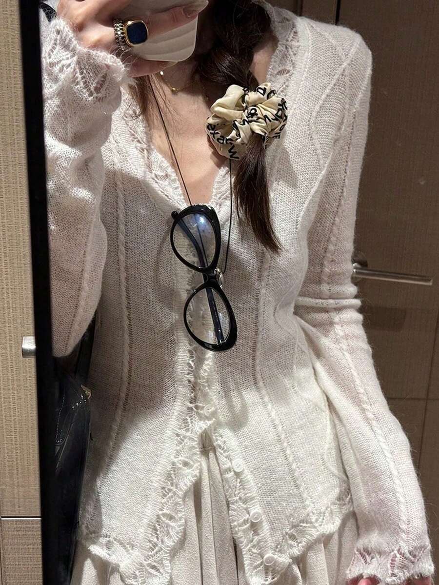 Women's White Hollow Mohair Cover Up, Old Money Style, Lazy Autumn/Winter High-End Fitted Sweater Jacket - White - View 1