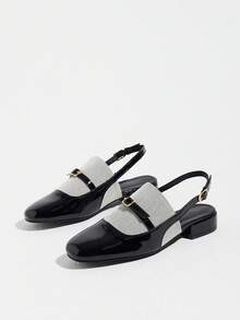 Women's Fashion Slingback Round Toe Colorblock Flat Shoes With Low Chunky Heel, Comfortable Backless Loafers For Outdoor, All Seasons, Commuting, Party, Holiday, Vacation - Black - View 4