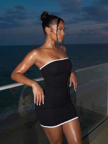 XLLAIS Women's Black White Trim Strapless Micro-Ribbed Bodycon Mini Dress - Black - View 4