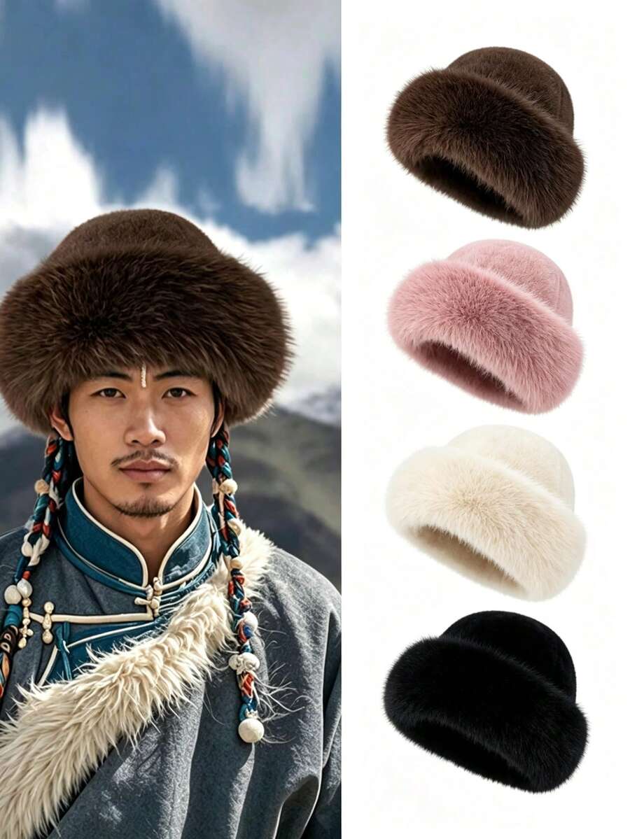 1Pair Unisex Thick Faux Fur Trim Winter Bucket Hat, Warm Wind‑Resistant Mongolian Snow Cap For Outdoor Travel - Men's a - View 1