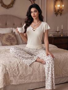 New Lace Patchwork Short Sleeve Top Ditsy Floral Long Pants Women's Pajama Set - Multicolor - View 4