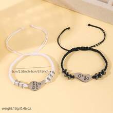 2pcs Vintage Stainless Steel Engraved Heart Woven Friendship Card Bracelet, Suitable For Women - Black and White - View 2