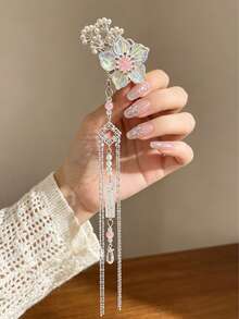 2pcs Iridescent Mermaid Flower Tassel Clip Set, Women's Exquisite Pearl Bangs Side Clips, Beaded Chain Long Tassel Luxury Hair Accessories - Multicolor - View 4