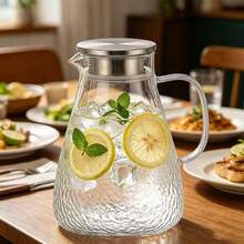 High Borosilicate Glass Cold Water Pitcher, Large Capacity Household Juice Pitcher With Lid, High Temperature Resistant Striped Water Pitcher, 1800ML/2200ML/1650ML/1300ML, Kitchen Transparent Water Pitcher With Stainless Steel Lid. - Rice Grain Pattern Water Bottle (1800ML) - View 3