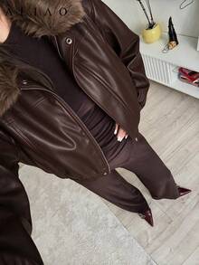 Women's Solid Color PU Chocolate Brown Long Sleeve Leather Jacket With Fur Collar Patchwork, Fashionable Urban Style For Street, Dating, Back To School Season, Afternoon Tea Wear, Autumn/Winter - Brown - View 4