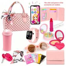 Carteira de Brinquedo para Meninas, Carteira de Criança, Inclui Maquiagem de Mentira, Conjunto de Brinquedo de Princesa, Contendo Bolsa, Telefone, Relógio, Lenço, Carteira de Brinquedo para Crianças, Presente de Aniversário, Adequado para Meninas de 3, 4, 5, 6 Anos e Acima - Rosa chiclete - Visão 9