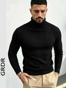 GRDR Men's Autumn/Winter Ribbed High Neck Long Sleeve Sweater - Black - View 2