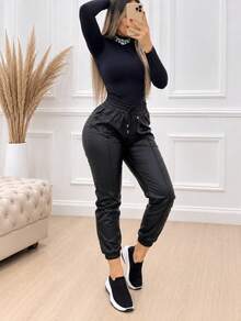 jogger pantalon pants vinipiel piel falsa  con resorte en tobillo modeno juvenil casual - Negro - Ver 7