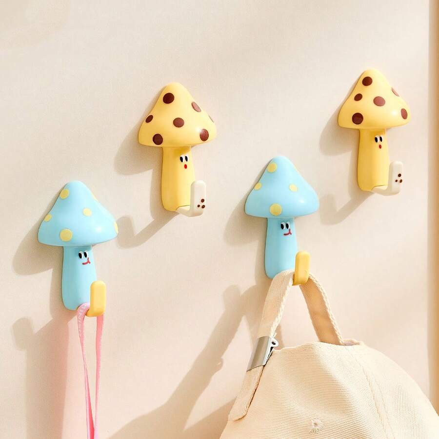2pcs Cute Mushroom Hooks, Kitchen Bathroom Towel Bath Ball Hooks, Home Bag No-Damage Strong Adhesive Hooks - Multicolor - View 1