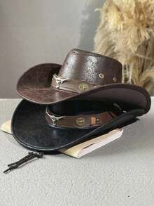 1pc Men's Vintage Faux Leather Fedora Hat With Bull Head Decoration, Wide Brim Sun Hat For Outdoor Travel And Horse Riding - Distressed Style - View 3