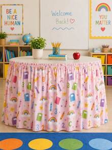 1pc Pink Back To School Rainbow Stationery Desk Skirt, Letter Number Crayon Star Learning Theme Tablecloth, Suitable For Teacher Desk, Classroom Storage Cabinet, Shoe Rack, Party Decoration - Multicolor - View 7