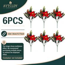 6pcs Christmas Red Artificial Flower Bouquet, Includes Red Berries, Pine Needles And Floral Decor, Suitable For Christmas Tree, Porch Entrance, Fireplace, Tabletop Centerpiece, Living Room And Office - Multicolor - View 11