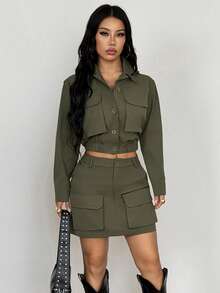 Women's Elegant Vintage Fashion Double Pocket Button Design Solid Color Versatile Short Jacket Coat Spring Autumn Casual Daily Wear Woven Fabric Button Pocket Holiday Vacation Travel - Army Green - View 7