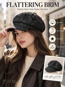 1pc Vintage Fashion Versatile Star Beret Hat, Large Head Circumference, Face-Flattering, Versatile Small Octagonal Hat - A - View 3
