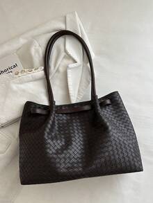 New Woven Texture Tote Bag For Women, Large Capacity Shoulder Bag, Minimalist Fashion Commuter Bag, Versatile Handbag - Coffee Brown - View 5