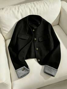 Elegant Round Neck Regular Sleeve Short Woven Women's Jacket With Contrast Color Cuffs, Faux Pockets And Gold Buttons, Ideal For Winter Outfits - Black - View 3