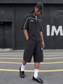 HOMIIE Men Black 2 Pieces Matching Set, Contrast Piping Short Sleeve Lapel Button Shirt & Multi Pocket Cargo Shorts,Patch Label Streetwear Daily Outfit - Black - View 4