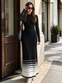 SUNSTORY Women's Autumn Casual Black And White Colorblock Striped Long Sleeve Knit Dress, Suitable For Commuting, Office, Party, Back To School Dance - Black and White - View 4