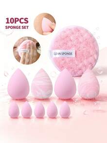 10Pcs Makeup Sponge Set,Soft Elastic Wet‑Dry Dual‑Use Cosmetic Tools For Foundation, Concealer, Makeup Removal - Pink - View 4