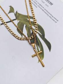 2pcs/Set Vintage Stainless Steel Gold-Plated Chain & Twisted Rope Chain Cross Necklace, Unisex, Daily Wear, Holiday Wear, Niche Luxury, Fashionable Versatile - Yellow Gold - View 4