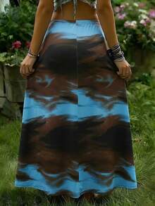 Women's Plus Size Flowy Maxi Skirt, Unique Abstract Print, Knit Fabric A-Line Silhouette, Versatile For Daily Wear - Dark Brown - View 2