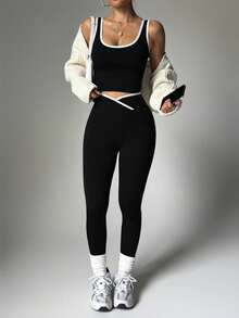 Women's High Waist Yoga Fitness Set, Colorblock Sports Top And Leggings, Elastic Polyester Blend, Suitable For Running And Training - Black - View 3
