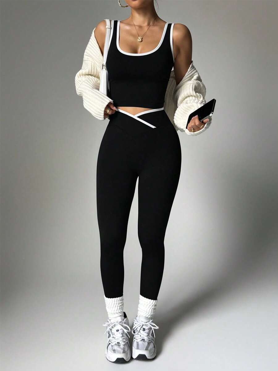 Women's High Waist Yoga Fitness Set, Colorblock Sports Top And Leggings, Elastic Polyester Blend, Suitable For Running And Training - Black - View 1