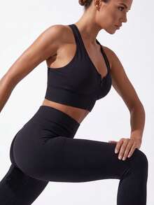Front Zipper Hollow Back Sports Bra, Wire-Free Shock-Absorbing Push-Up Running Bra, Fitness Bra - Black - View 8