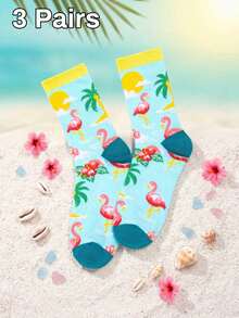 1/3/5 Pairs Tropical Flamingo Socks, Flamingo Hibiscus Palm Tree Pattern Mid-Calf Socks, Summer Island Beach Vacation Essential! Unisex Socks, Personalized Versatile Socks - Multicolor - View 8