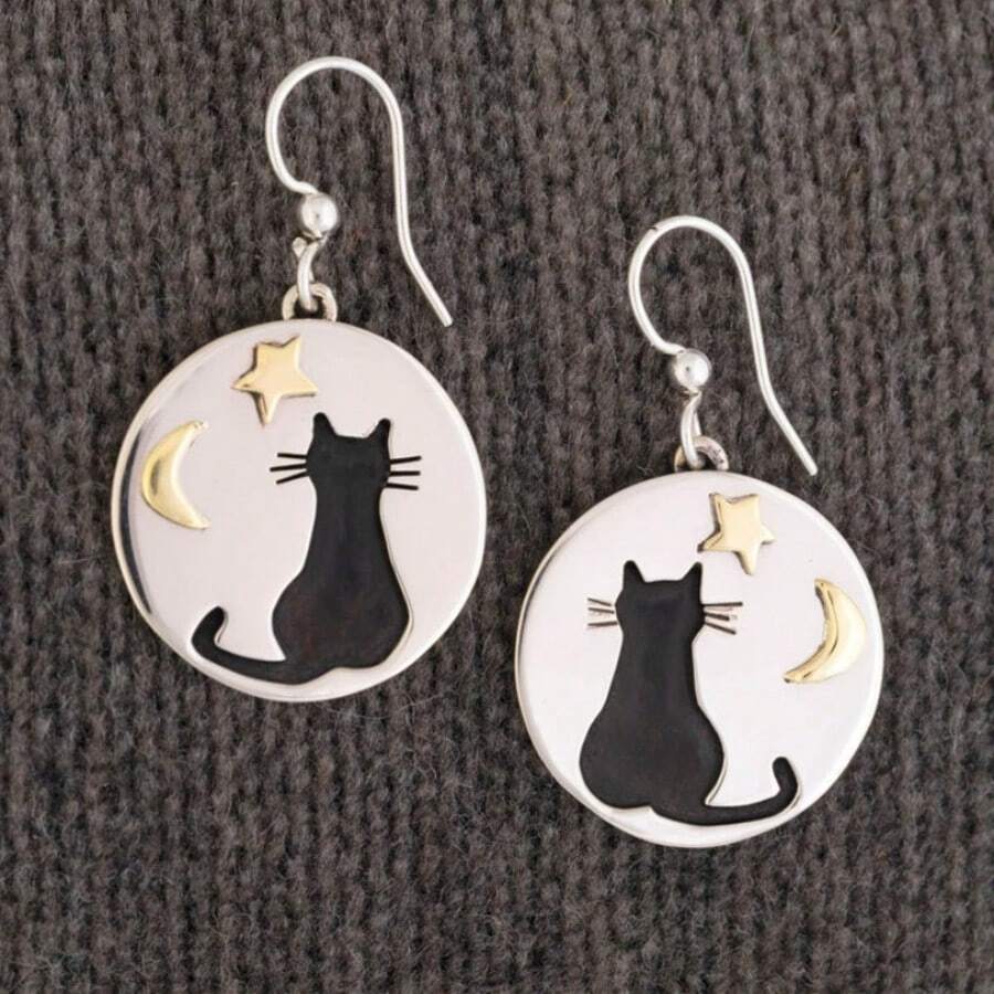 Women's Fashion Halloween Water Drop Earrings Cat Moon Star Dangle Earrings - Silver - View 1