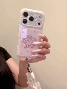 Ins Style Floral Rhinestone Personalized Premium Phone Case Compatible With Apple 17 Pro, 16 Pro Max, 15 Pro, 18 Pro, Full Coverage Anti-Drop Protective Cover With Lanyard For Women - Multicolor - View 4