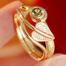 Simple Fashion Women Ring, Enamel Leaf & Green Synthetic Zirconia, Hollow‑Out Commute Date Gift Jewelry - Gold - View 1