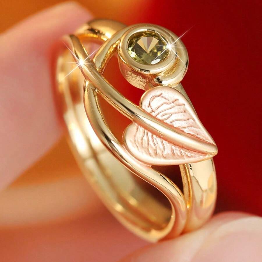 Simple Fashion Women Ring, Enamel Leaf & Green Synthetic Zirconia, Hollow‑Out Commute Date Gift Jewelry - Gold - View 1