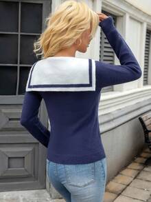 Women's Autumn/Winter Navy Collar Square Shoulder Knit Sweater, Slim Fit Youthful Knit Top - Navy Blue - View 2