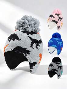 1PC Little Kids Jacquard Knit Earflap Beanie, Dinosaur Pattern Pom‑Pom Hat For Boys Casual Outdoor Outfits - 1PC - View 2