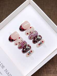 Handmade Wearable Press-On Nails, Oval Shape, Hand-Painted Personalized French Hot Girl Style Manicure, Y2K Style Nails, Unique Niche Creative-On Nails, Autumn And Winter Daily Manicure, Detachable And Reusable. - Multicolor - View 1