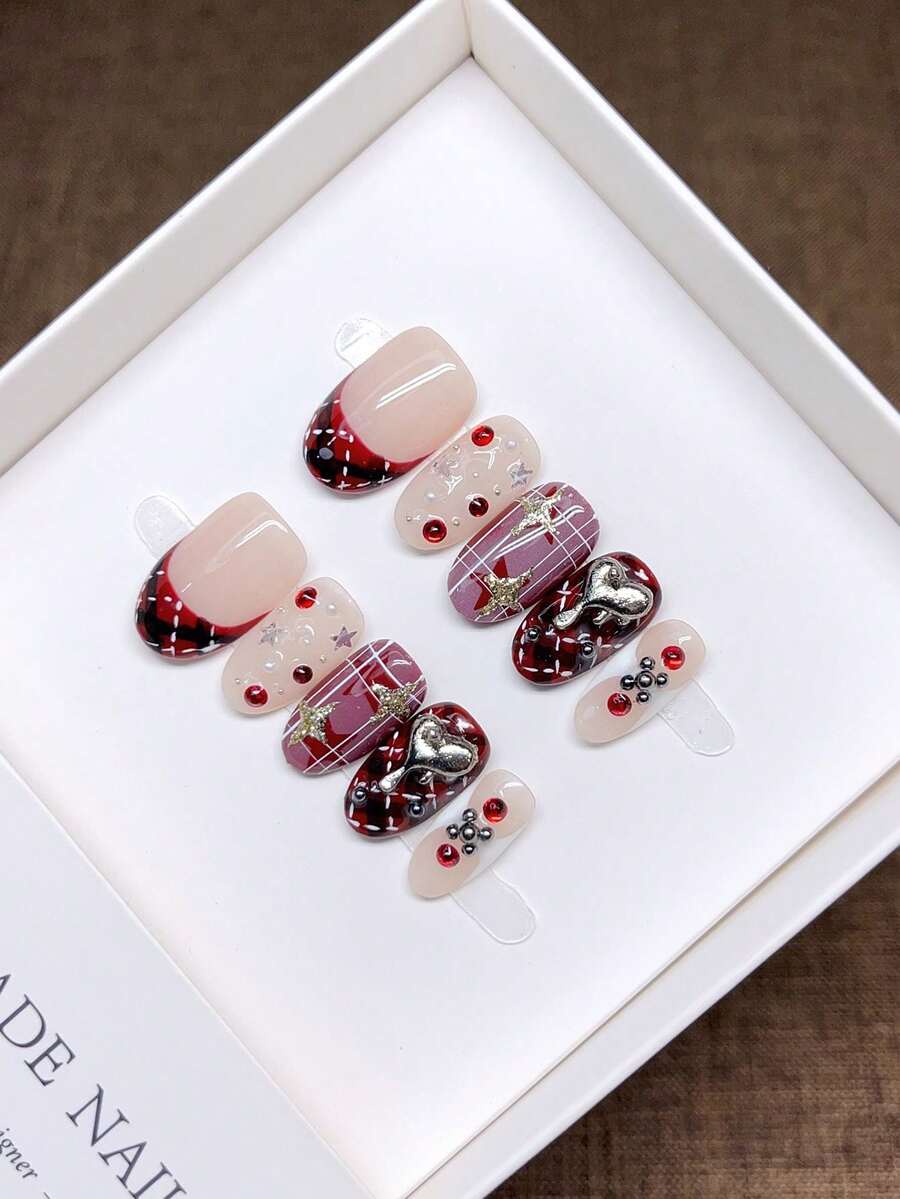 Handmade Wearable Press-On Nails, Oval Shape, Hand-Painted Personalized French Hot Girl Style Manicure, Y2K Style Nails, Unique Niche Creative-On Nails, Autumn And Winter Daily Manicure, Detachable And Reusable. - Multicolor - View 1
