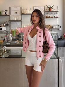 MORI Fall Winter Women Sweaters Y2K Preppy Pink Zipper Cardigan Double Breasted Button Collar Knit Tops Cropped School Streetwear Outfits Tops - Pink - View 4