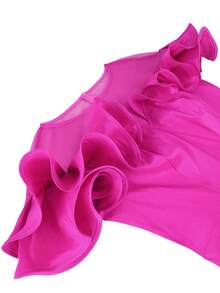 AOMEI Chic Women Fuchsia Satin Mini Dress Sheer Mesh Neck Ruffle Shoulder Tiered Ruffle Hem Bodycon Short Party Evening Dresses - Hot Pink - View 3