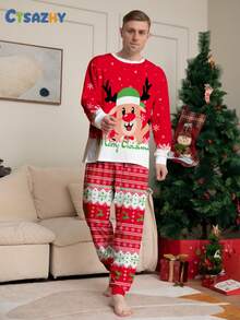 Ailiya 2pcs Men's Christmas New Pajama Set, Reindeer Print, Long Sleeve Crew Neck Top And Full Floral Pants, Comfortable Fit, Suitable For Autumn/Winter - Multicolor - View 2