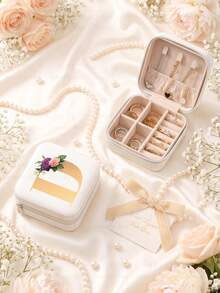 Letter PU Leather Portable Travel Jewelry Storage Box For Women, Stores Necklaces And Rings,Gift Ideas,Suitable For Home Storage And Commuting. - Flowers Letter 2 - View 73