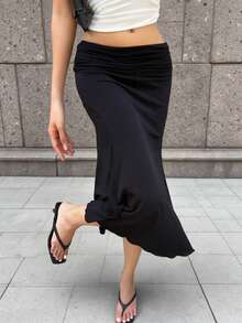QUNGIGU Women's Elegant Low Waist Slim Fit Mermaid Midi Skirt, Daily Commute, Outing, Date, Autumn/Winter, Black - Black - View 7