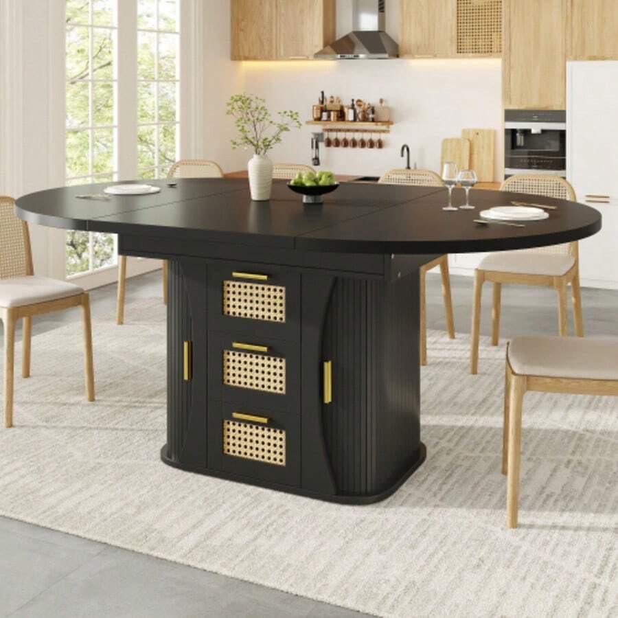 Extendable Dining Table 118-158cm, Dining Table With Rattan Storage Drawers, MDF Wood Look, Black & Natural Oak Style - Black - View 1