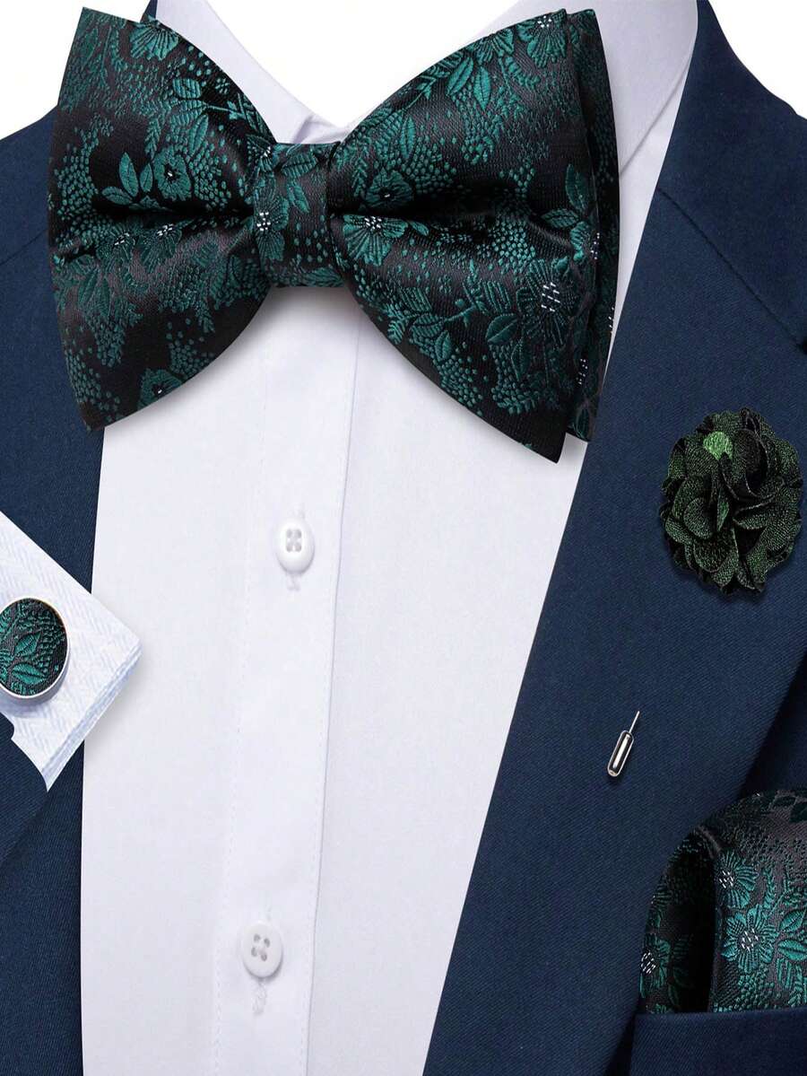 4Pcs Men Dark Green Small Floral Jacquard Bow Tie Pocket Square Cufflinks Brooch Set For Wedding Business Party - Dark Green - View 1
