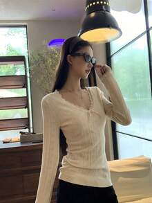Solid Color Lace Patchwork Knit Sweater Women Early Autumn Vibe Outfit Lace Top Korean Style V-Neck Slim Fit Flattering Long Sleeve Sweater - Apricot - View 1