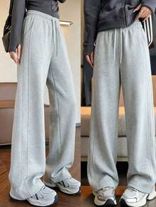 Women's Elastic Drawstring Wide Leg Pants, Casual Straight Leg Sweatpants, Loose Fit Banana Pants For Home, Daily Wear And Commuting - Grey - View 2