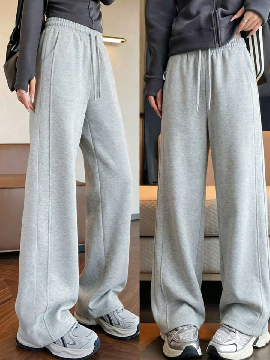 Women's Elastic Drawstring Wide Leg Pants, Casual Straight Leg Sweatpants, Loose Fit Banana Pants For Home, Daily Wear And Commuting - Grey - View 1